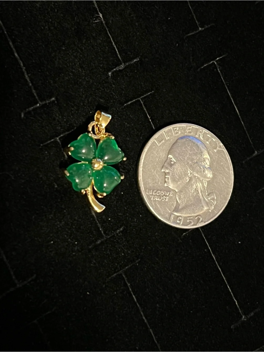Gold toned Four-Leaf Clover Pendant with Green Jade Stones